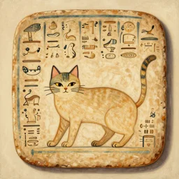 a painting of an ancient egyptian hieroglyphic tablet depicting a a cute cat by moebius