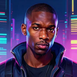a cyberpunk donald glover, clean shaven, short hair, a character portrait, synthwave by art artgerm, cg society contest winner, shock art, sci - fi, artstation hq, speedpainting