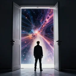 a person standing in front of an open door, poster art by mike winkelmann, trending on cg society, space art, sci - fi, ue 5, futuristic, volumetric lighting