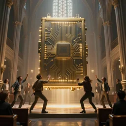 people screaming at a giant floating circuit breaker box in center of a futuristic church