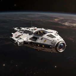 illustration, a single small spaceship, deep space exploration, alone, the expanse tv series, industrial design, battlestar galactica tv series (2004), cinematic lighting, 4k, greebles, widescreen, wide angle, sharp and blocky shapes, extraterrestrial paradise, hyper realistic, hubble photography, the final frontier, beksinski