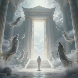 a way to go to heaven. very beautiful and peaceful celestial way in the sky to go to the gate of heaven. we can see highly detailed souls fly across this way. white ominous. the door of heaven is in a greek architecture. volumetric light, intricate, very beautiful fantasy art, digital illustration. unreal engine 5 rendering.