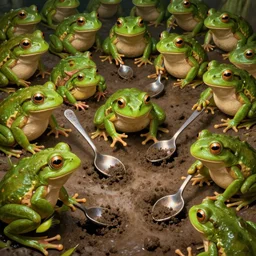 a crowd of frogs digging with spoons. deep art.