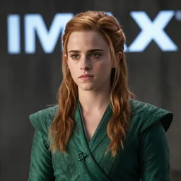 medium shot of emma watson in game of thrones as a tyrell noble, green clothes, promotional image, detailed face, movie still frame, imax 5 0 mm film