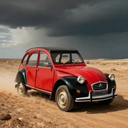 red and black citroen 2 cv ( 1 9 6 5 ) driving across the wastelands of fallout 4, dramatic lighting, establishing shot, by simon stalenhag