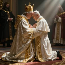 kneeling before the pope, royal robe, gold trim, close - up, light effect, hyper detailed, intricate, mysticism, atmospheric, elegant, photorealistic by michael komarck, greg rutkowski, victo ngai, artgerm, willem claesz heda and j. dickenson