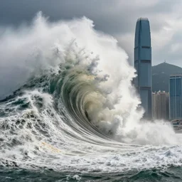 massive mega tsunami wave about to crash over hong kong city, cinematic, hyper realistic, dramatic light,
