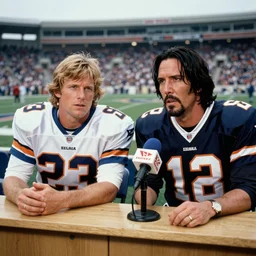 photo of john madden and john wick in a press box announcing a football game, 1 9 8 7