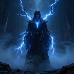 character design, dark arcanist, blue lightning, blue mist, advection fog, scary, photorealistic, cinematic, hyper realistic, octane render, 8 k, wide angle
