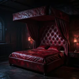night time, moody dark, dark red leather dungeon bedroom in the style of blade runner 2 0 4 9, canopy bed