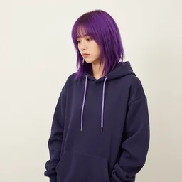 a woman in a hoodie with purple hair