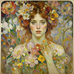 a realistic oil painting of a girl resembling karen gillan, covered in flowers, highly detailed, intricate, artstation, by mucha, by william adolphe bouguereau, by waterhouse