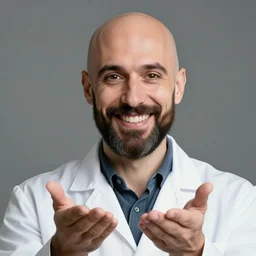 The handsome bald italian scientist with brown eyes and a full beard wearing a labcoat smiles wide as he carefully holds two test tubes with brightly glowing liquids with energetic aura, in the style of JoJos Bizarre Adventure, ultra high resolution, intricate details