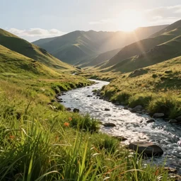 Hill river, concept art, low angle, high detail, warm lighting, volumetric, godrays, vivid, beautiful, trending on artstation, by Jordan grimmer, huge scene, grass, art greg rutkowski
