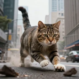 a giant cat stomping on a city causing havoc