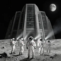 a beautiful artwork illustration, astronauts with flashlights stand in front of a giant obsidian building on the moon, by greg rutkowski and jesper ejsing and raymond swanland, featured on artstation, wide angle, vertical orientation