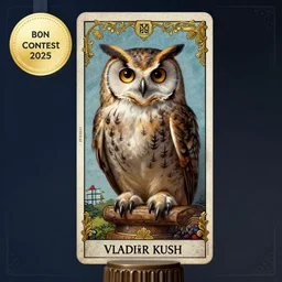a owlish, aquiline picture of an owl sitting on a pedestal by vladimir kush, behance contest winner, fantasy art, behance hd, rococo, tarot card