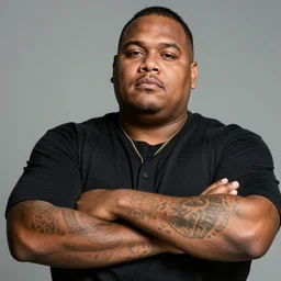 fat dark skinned half black half samoan drug dealer covered in tattoos, wearing a black shirt photo