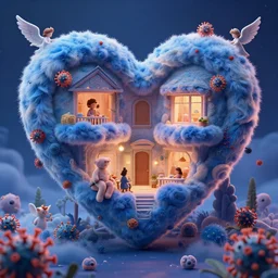 inter dimensional villa, a heart full of envy, coronavirus as a stuffed toy, Some cosmic angels, cinematic, hyper realism, high detail, octane render, unreal engine, 8k, vibrant color, smooth, warmth in the loneliest shades of blue, its softness partakes of fluidity, biodiversity in a world of change and constancy, by Ignatius Tan and dom qwek