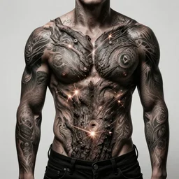 intricate esoteric tatoos, muscular, sparks, tree bark, photorealistic, hd, trending on artstation