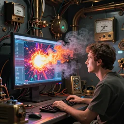 “Artstation. A room full of electronic steampunk equipment with lots of electric wires and large tv screens and big voltage meters. A colorful bright burst of fire and smoke is coming out of the computer screen. Close-up of a man sitting at the keyboard and watching it in awe. Dark, intricate, highly detailed, smooth, in style of Mike Savad”