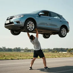 a strong man lifting a car, the car is on top of him