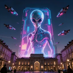alien spaceships in the sky of piazza san carlo in turin in the style of blade runner, giant holographic adv, cinematic, neon lights, futuristic, cyberpunk, sharp focus, matte painting, artstation