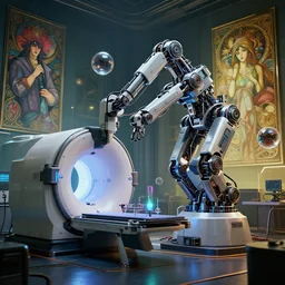 ( cyberpunk 2 0 7 7, bladerunner 2 0 4 9 ), a complex thick bifurcated robotic cnc surgical arm cybernetic symbiosis hybrid mri 3 d printer machine making a bio chemical lab, art by artgerm and greg rutkowski and alphonse mucha, drone lens orbs, global illumination, octane render, architectural, f 3 2,