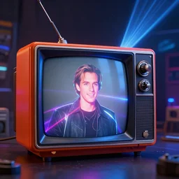 a hyperrealistic 3 d render of max headroom on a vintage tv, octane render, unreal engine, 8 k, trending on artstation, ultra detailed, volumetric lighting, dramatic lighting, lasers, neon