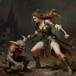 Miniature of a woman warrior attack a goblin .