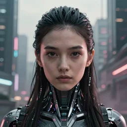 cinematic portrait of a cyborg chuu loona, cyberpunk city background, full face portrait, centered, symmetrical face, atmospheric lighting, intricate, volumetric lighting, cyberpunk, concept art, sharp focus, ultra detailed, concept art by marc simonetti and dan mumford. featured on artstation