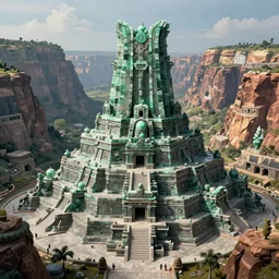 beautiful highly detailed matte painting of an intricate mayan futuristic brutalist jade ancient temple in a valley surrounded by canyons, by Craig Mullins and Denis Villeneuve, octane rendering, 8k