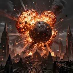 a asteroid crashing in a gothic medieval cyberpunk city, giant explosion, fire, trail of smoke, high quality, detailed, 8k, unreal engine, octane render, trending on artstation