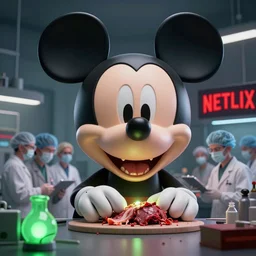 a group of scientists working on a giant mickey mouse bloody head, and meat by beeple, cgsociety, green lights in the foreground and a netflix sign in the background, 3 d render 8 k, detailed