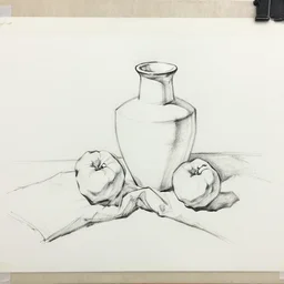 continuous contour line drawing of a still life and art - class model, ink and paper