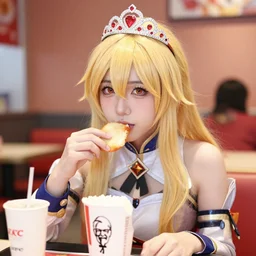 portrait photo still of real life lucina! ( fire emblem ) wearing a tiara and eating in a kfc!!, 8 k, 8 5 mm f 1. 8