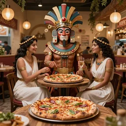 an Aztec god on a date with greek goddess at a divine pizza place Trending on artstation DeviantArt Pinterest furaffinty Photorealistic HD 8k highlights and shadow detailed High Resolution