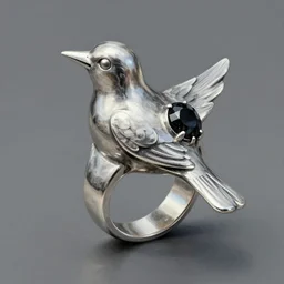 silver ring with an abstract bird with a black gem on it's back it, highly detailed, digital painting, trending on artstation, concept art, sharp focus, illustration, art by artgerm and greg rutkowski and magali villeneuve