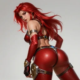 Male Katarina,league of legends, character design, dnd, d&d, leggins, red skintight leather armor, red hair, High-Angle, close up, beautiful face, alluring, toned derriere, high fantasy, realistic, extremely detailed, octane