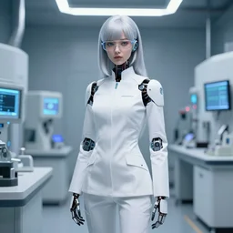 a scientist android girl with silver hair wearing white suit and glasses, standing inside a testing chamber by artgerm and wlop
