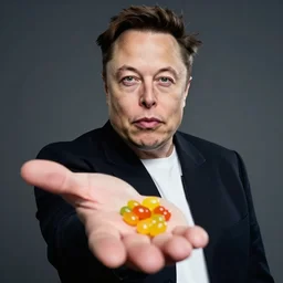 Elon Musk offers some jelly beans on his palm looking to the camera