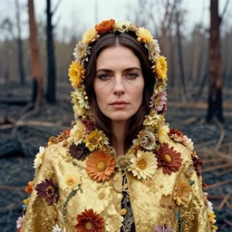 closeup portrait of a woman wearing a cloak made of flowers and gold, standing in a burnt forest, by Annie Leibovitz and Steve McCurry, natural light, detailed face, CANON Eos C300, ƒ1.8, 35mm, 8K, medium-format print