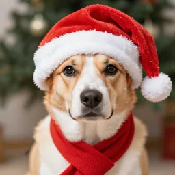 A dog with a santa hat on its head and a scarf around its neck