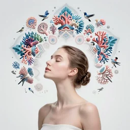 ridiculously beautiful young woman tripping, fractals radiating from head, sacred geometry, nature, coral, birds, symmetrical, in the style of ernst haeckel, effervescent, warm, photo realistic, epic and cinematic,