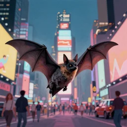 “nostalgic 80s airbrush painting of a bat echolocating through times square”
