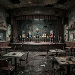 concept art by greg rutkowski of the interior of anold dilapidated ice cream parlor that has broken down animatronic robots on a stage, broken tables, stained walls, ominous, awe inspiring, horror