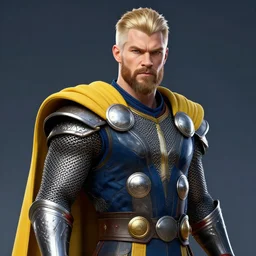 A knight who looks like Thor with very short, slicked back, blonde hair style and a short beard. Athletic build. Wears chainmail with a blue robe and yellow cloak, Steel pauldrons, digital art, fantasy art, rugged beard