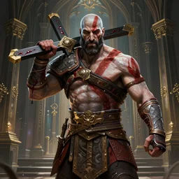 a highly detailed illustration of idris elba as god of war kratos, dramatic smiling wielding bloody cross pose, gothic church background, intricate, elegant, highly detailed, centered, digital painting, artstation, concept art, smooth, sharp focus, league of legends concept art, wlop