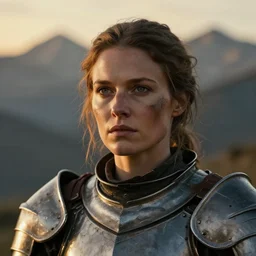 head and shoulders portrait of a female knight, broken armor, lightly dirty face, detailed face, photography by jimmy nelson, dramatic mountain background, golden hour, hq