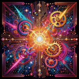 cyberpunk art nouveau explozsions, rich bright colors, intricate, ornate, circuitry, gears, sparkle, extremely hyperdetailed, sharp focus